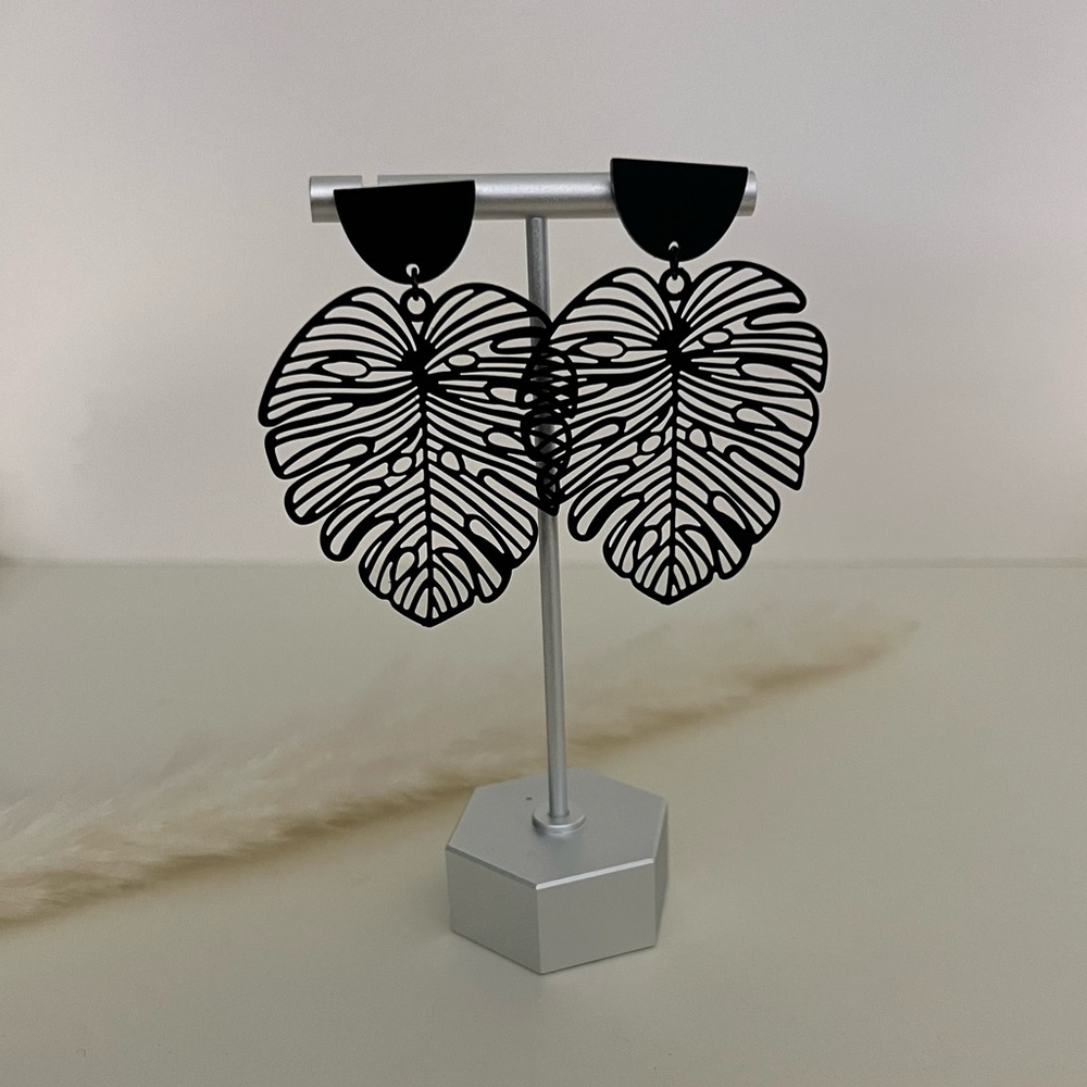 Classic Black Leaf Statement Earrings - Large Boh… - image 7